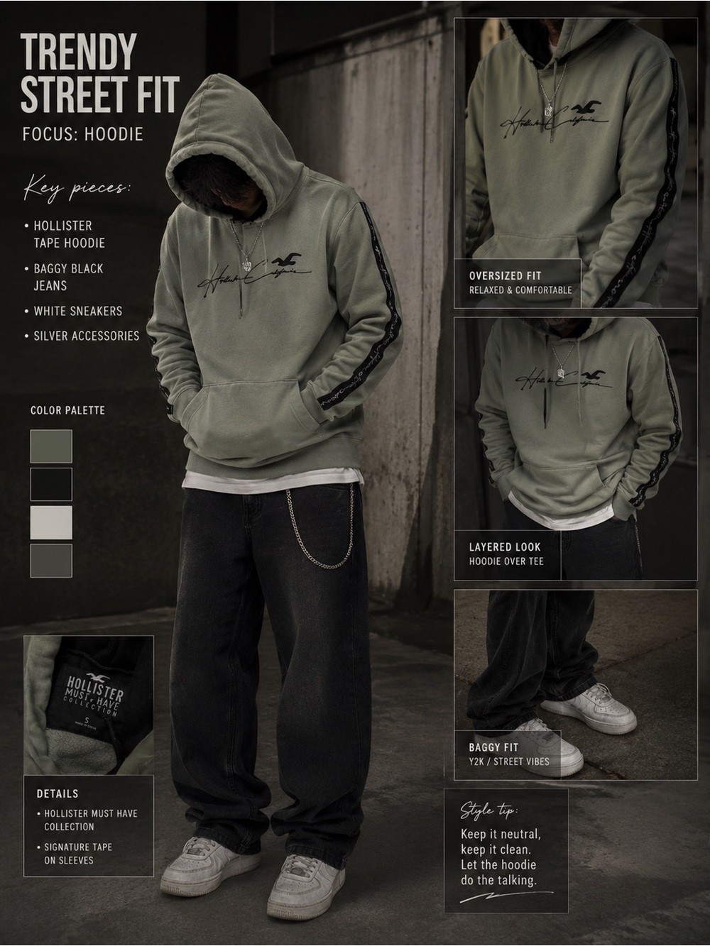 Hollister Olive Green Tape-Trim Hoodie